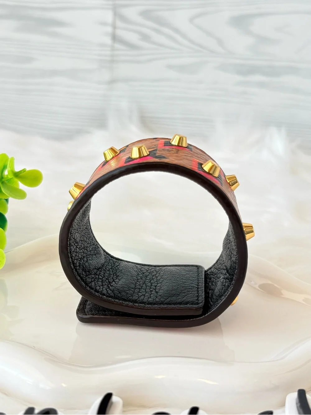 MCM Cognac Visetos Geometric Studded Leather Cuff with Pink & Black Accents